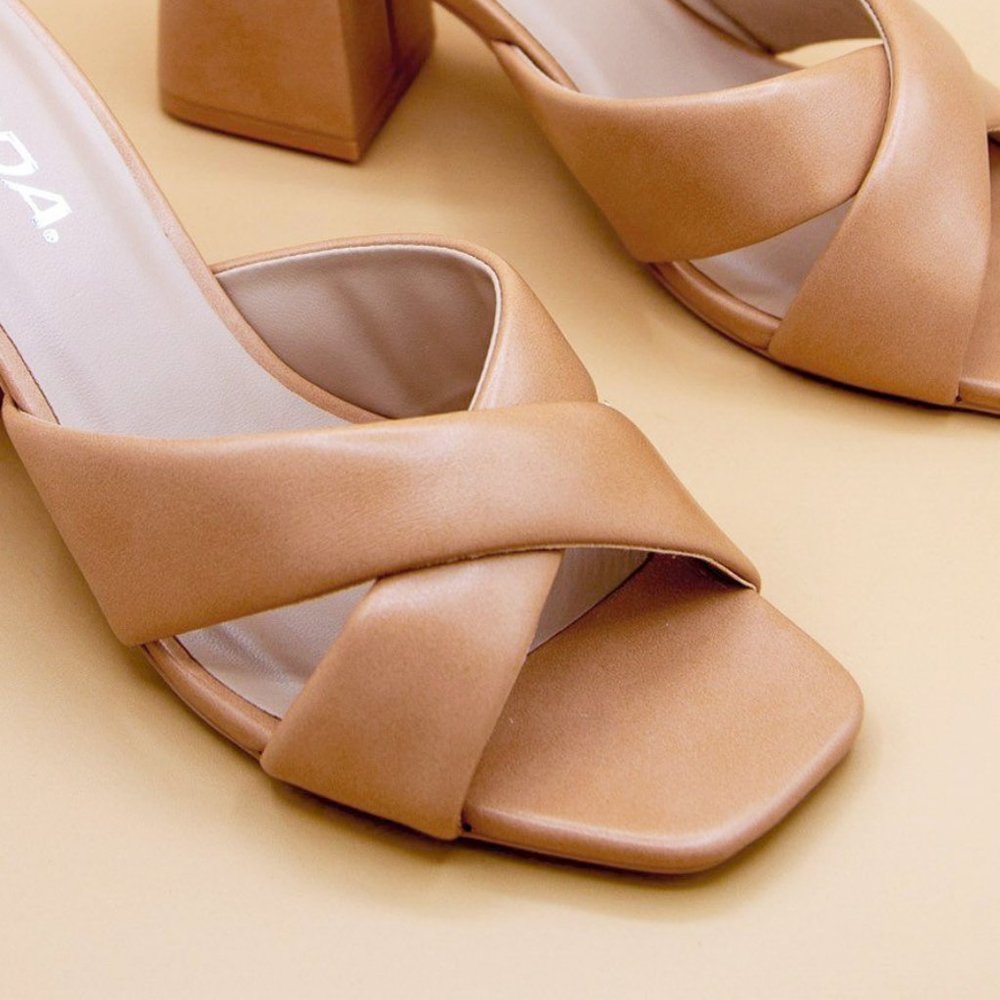 NEW Natural Tan Nude Twist Block Heel Slip Slide On Comfy Mule Sandal Shoes - Picture 6 of 12
